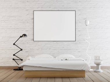 İç poster ev yatak odası iç duvardaki yatay çerçeve ile sahte. 3D render.