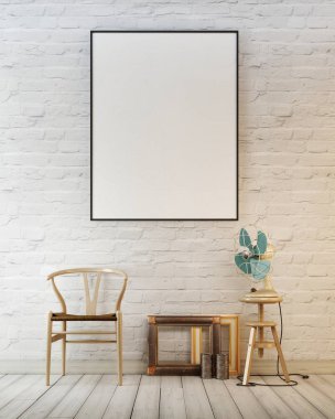 Poster çerçevesi arka planda beyaz tuğla duvar kavramı iç sandalye ve hava eğlenceli alay. 3D render