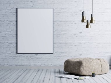 Bir tuğla duvar arka plan bej kumaş Osmanlı, paslanmaz lamba ve Dergisi ile bir loft tarzı oturma odasında posterdeki alay. 3D render