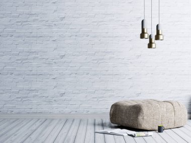 Bej kumaş Osmanlı, paslanmaz lamba ve boş tuğla beyaz duvar arka plan üzerinde dergi loft tarzı oturma odası. 3D render.
