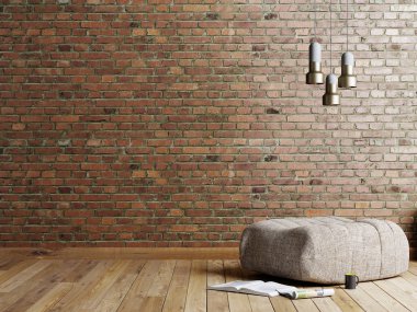 Bej kumaş Osmanlı, paslanmaz lamba ve boş brick kırmızı duvar arka plan üzerinde dergi loft tarzı oturma odası. 3D render.