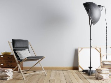 Boş bir koltuk ve bir siyah büyük lamba ve Kitaplar, 3d render, 3d illüstrasyon kentsel iç duvarında.