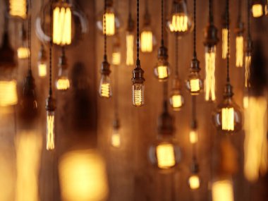 Edison ışığı. Ahşap duvar, alan derinliği kamera etkileri üzerinde arka plan asmak. 3D render