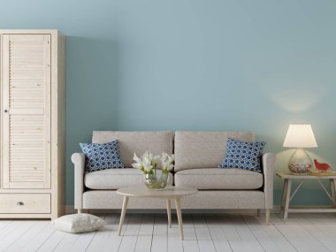 Boş duvar iç arka plan mockup için İskandinav tarzı ile kanepe ve kabine, 3d render, 3d çizim