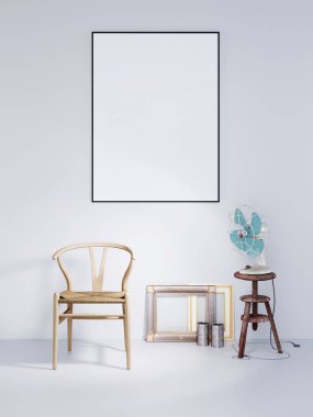 Poster çerçeve ahşap sandalye ve hava fan bir beyaz duvar arka plan koyu modern iç, 3d render ile alay