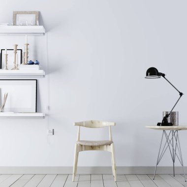 Boş duvar mockup vintage hipster minimalizm çatı iç arka plan sandalye ile ve dekor, 3d render, 3d çizim ile raflar için