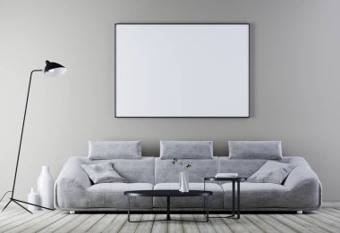 Poster çerçevesi modern vintage iç, oturma odasında beyaz deri kanepe, 3d render ile alay