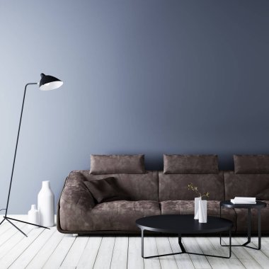 Modern vintage iç, oturma odası ile mockup, kahverengi deri koltuk, 3d render için boş duvar