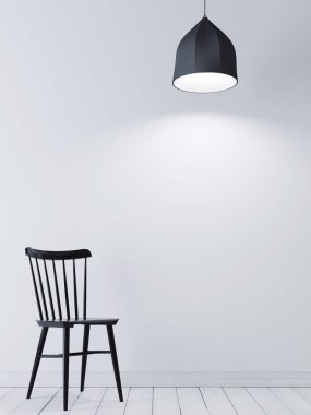 Poster çerçevesi siyah sandalye ve minimalist iç lamba beyaz duvar üzerinde sahte. 3D render