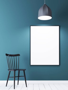 Poster çerçevesi siyah sandalye ve minimalist iç lamba mavi duvar üzerinde sahte. 3D render