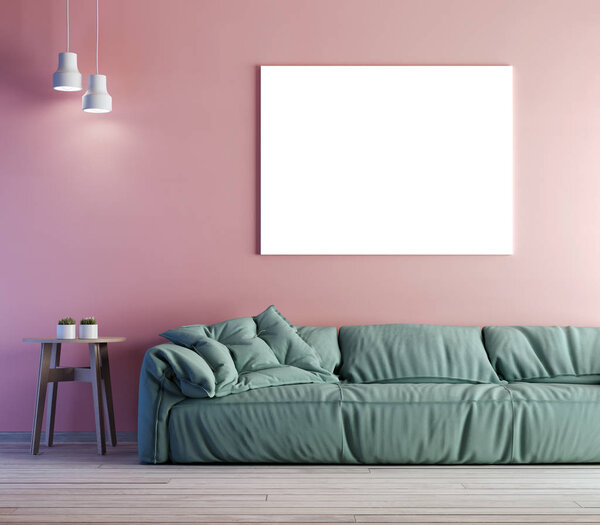modern interior with mockup poster on the wall and sofa. Pink and green color. 3D render.