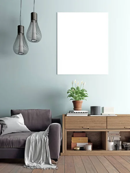 Mock Verlichte Wissellijst Scandinavische Stijl Render Hipster Interieur Achtergrond Illustratie — Stockfoto