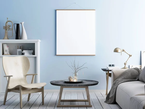 Mock Poster Scandinavian Interior Flat Modern Stylish Furniture Render — Stock Photo, Image