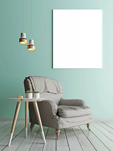 Leeres Poster Sessel Wohnzimmer Render — Stockfoto