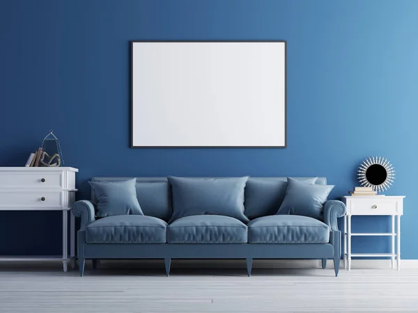 Mockup poster on the wall, luxury living room, blue classic sofa and wall. 3d render.