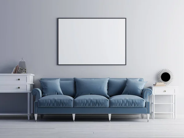 豪華なリビング ルーム 青いクラシックなソファ 壁にポスターをモックアップ のレンダリング — ストック写真