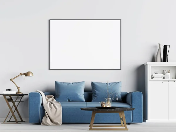 Mock Posterrahmen Innenhintergrund Mit Blauem Sofa Skandinavischem Stil Render Illustration — Stockfoto