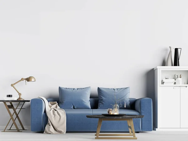 Attrappe Leere Wand Innenhintergrund Mit Blauem Sofa Skandinavischen Stil Darstellung — Stockfoto
