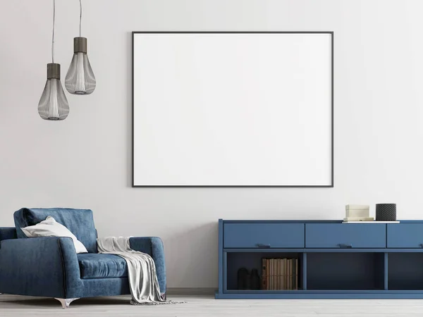 Vysmívat Plakát Bílý Interiér Modrým Nábytkem Moderního Stylu Vykreslování — Stock fotografie