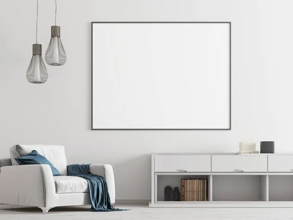 Cartel Simulado Interior Blanco Con Muebles Blancos Estilo Moderno Renderizado — Foto de Stock