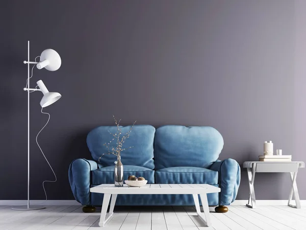Pared Violeta Vacía Interior Moderno Con Sofá Azul Suelo Blanco —  Fotos de Stock