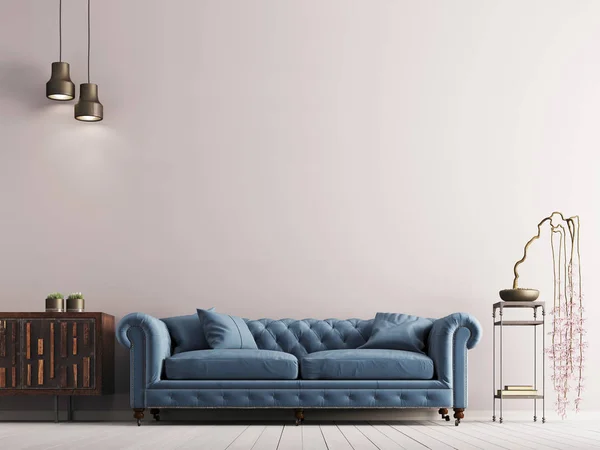 Lege Muur Klassieke Stijl Interieur Met Blauwe Sofa Grijze Achtergrond — Stockfoto