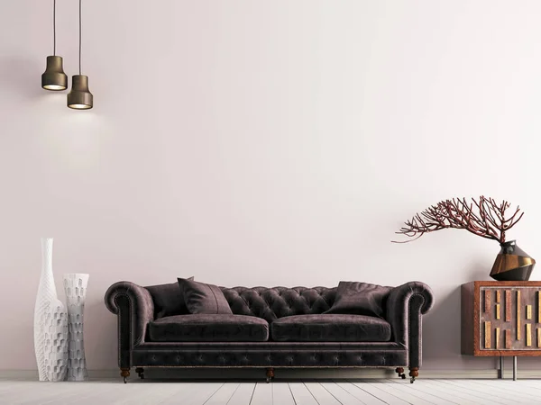 Leere Wand Klassischen Stil Interieur Mit Braunem Sofa Auf Grauem — Stockfoto