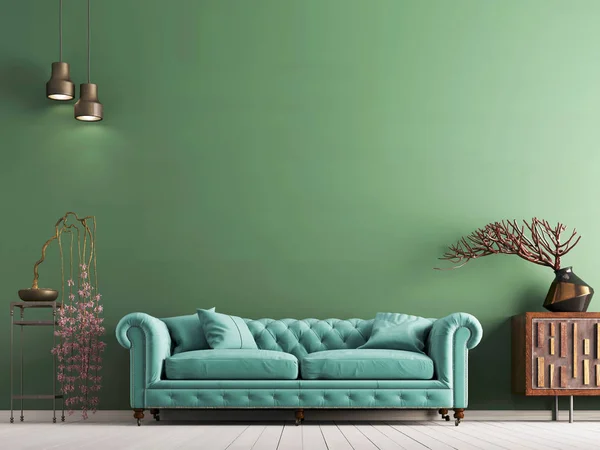 Leere Helle Mintfarbene Wand Klassischen Stil Mit Grünem Sofa Darstellung — Stockfoto