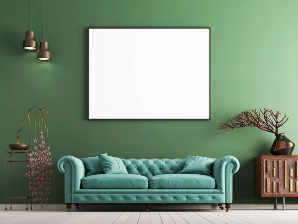 Mock Poster Green Wall Interior Classical Style Light Mint Sofa — Stock Photo, Image