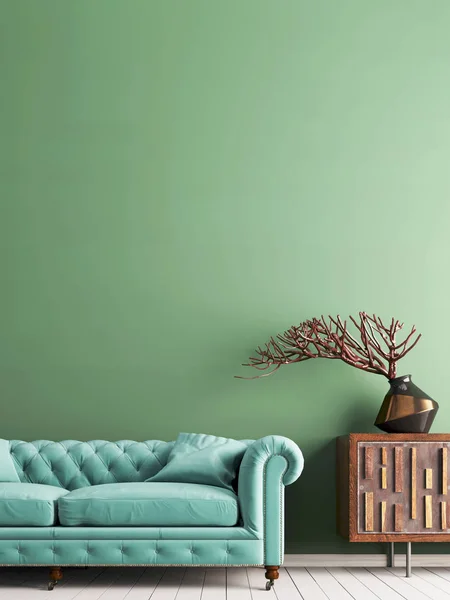 Leere Helle Mintfarbene Wand Klassischen Stil Mit Grünem Sofa Darstellung — Stockfoto