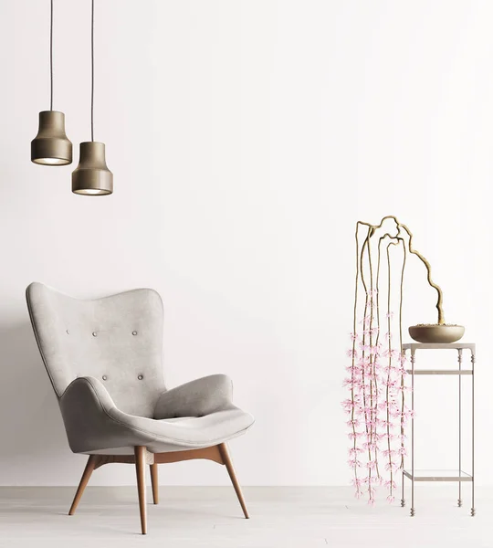 Leere Wand Mit Stuhl Pflanze Auf Tisch Minimalistischer Loft Innenhintergrund — Stockfoto