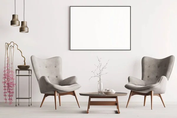 Mock Poster Pastellfarbenem Interieur Klassischen Stil Mit Weichen Sesseln Pflanzen — Stockfoto