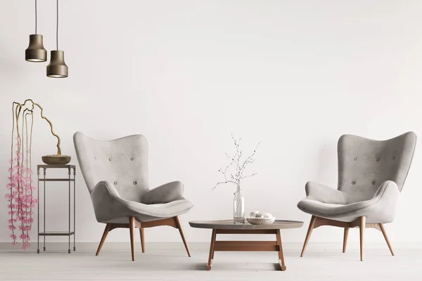 Leere Wand Pastellfarbenem Interieur Klassischen Stil Mit Weichen Sesseln Pflanzen — Stockfoto
