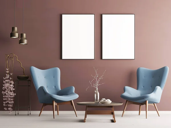 Poster Pastellfarbenem Modernem Interieur Mit Bordeauxroter Wand Weichen Sesseln Pflanzen — Stockfoto