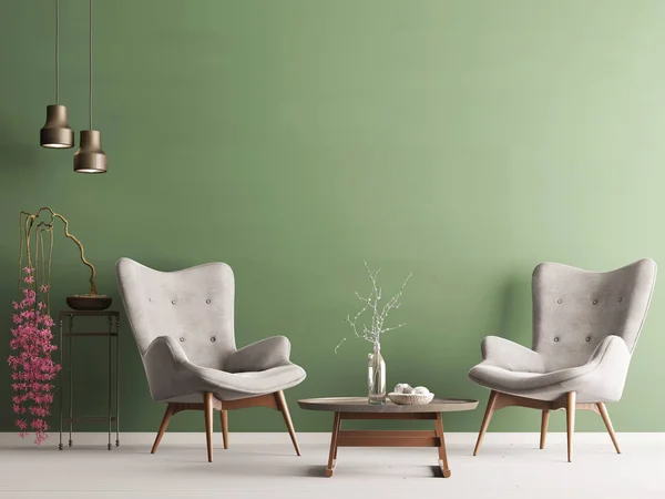 Yeşil Duvar Yumuşak Koltuklar Bitki Lambalar Ile Pastel Modern Boş — Stok fotoğraf