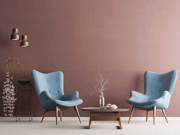 Leere Wand Pastellfarbenem Modernem Interieur Mit Bordeauxroter Wand Weichen Sesseln — Stockfoto
