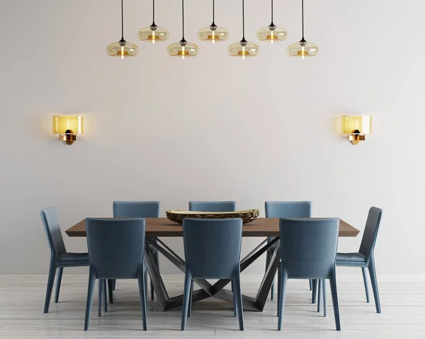Modern minimalistic dining room interior with beige empty walls, a concrete table with blue chairs near it. 3d rendering