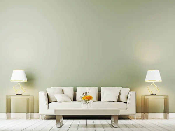 Tischleuchte Über Beigem Sofa Gehobenen Wohnzimmerinterieur Mit Beistelltisch Vor Leerem — Stockfoto