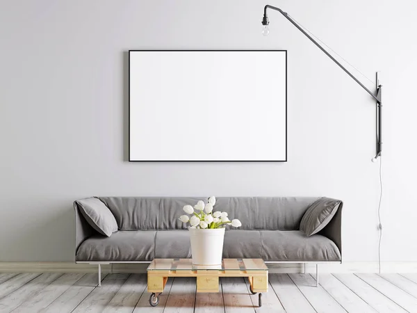 Mock Frame Poster Skandinavischen Stil Wohnzimmer Mit Stoffsofa Lampe Und — Stockfoto