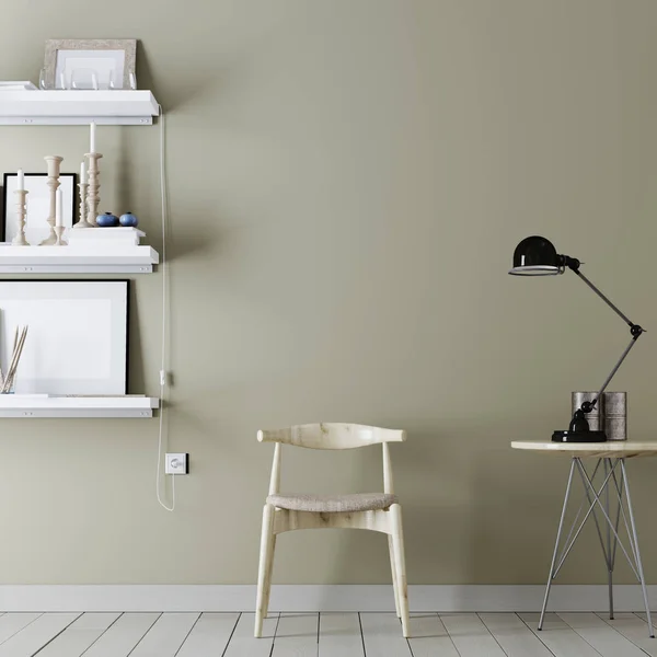 ビンテージ ヒップスター ミニマリズム ロフト インテリア背景と椅子と棚の装飾を レンダリング イラストのモックアップの空の壁 — ストック写真