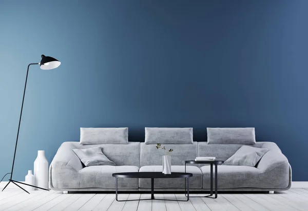 モックアップ 白い革張りのソファ レンダリングのための空の壁でモダンなヴィンテージ インテリア リビング ルーム — ストック写真