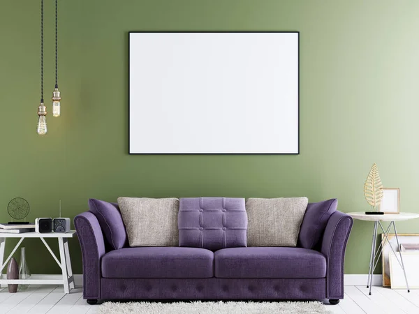 Poster Einer Grünen Wand Modernen Hipster Interieur Mit Violettem Sofa — Stockfoto