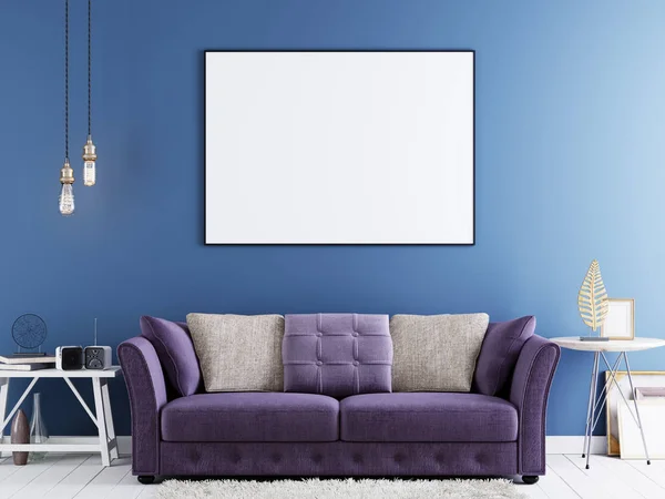 Poster Einer Blauen Wand Modernen Hipster Interieur Mit Violettem Sofa — Stockfoto