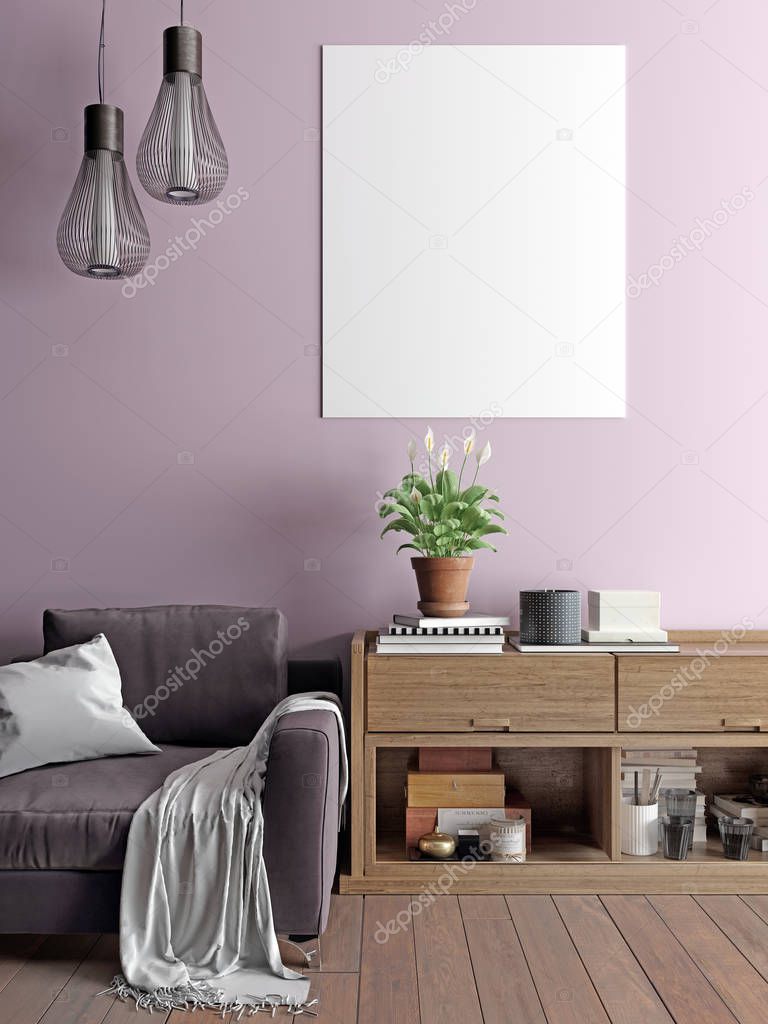 Mock up poster with vintage hipster minimalism loft interior background, 3D render.