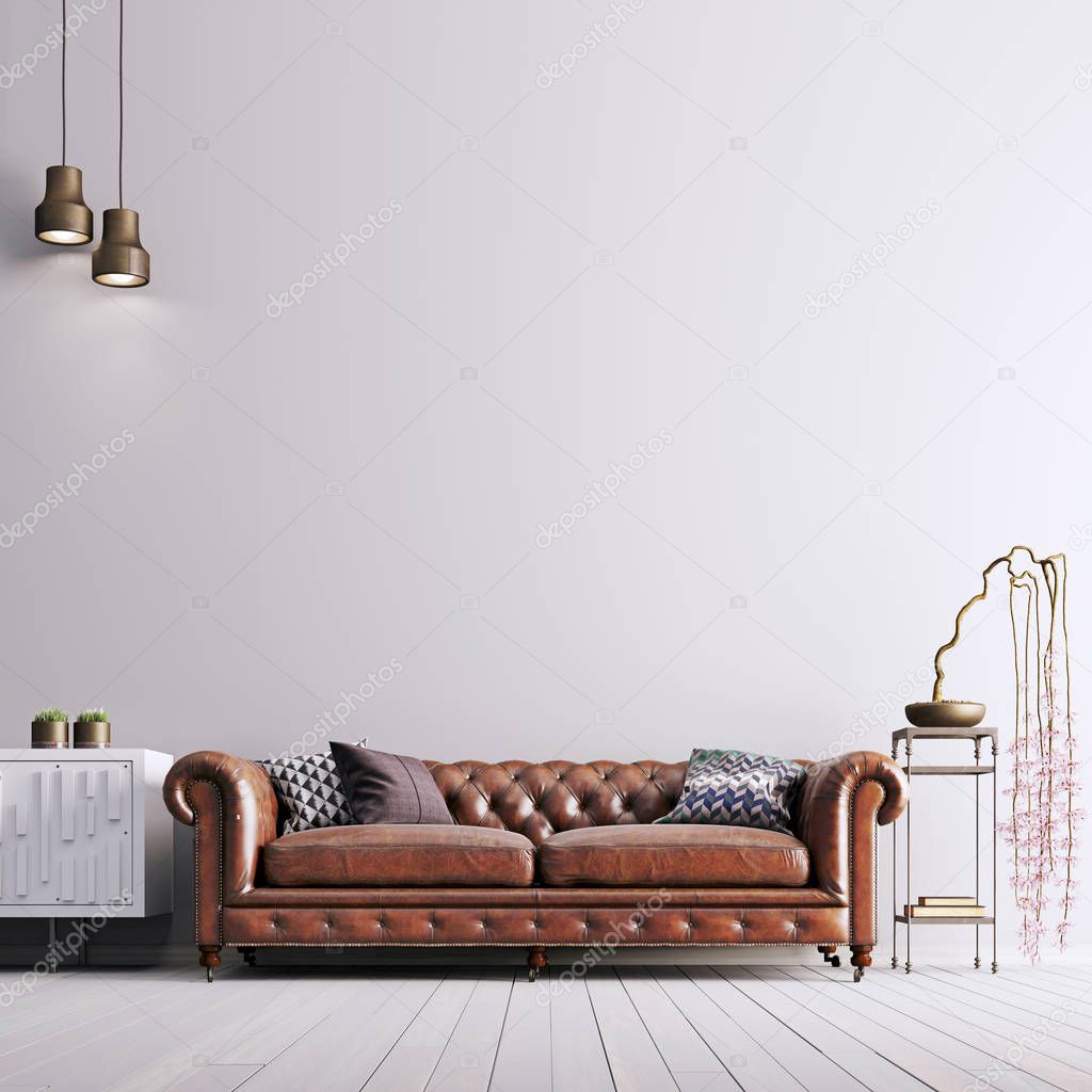 empty wall in classical style with leather sofa and plant. 3d render