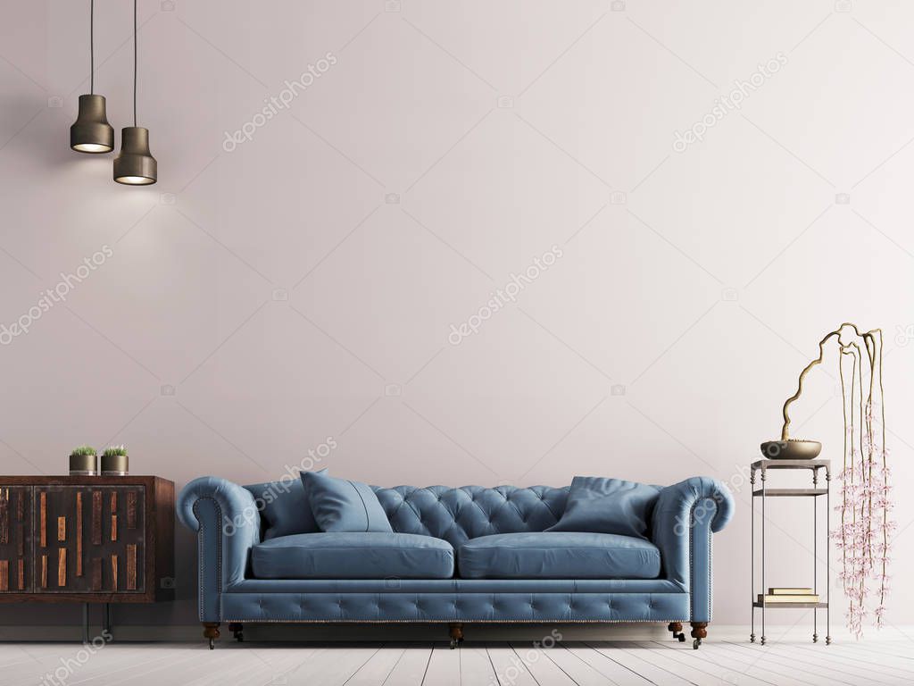 empty wall in classical style interior with blue sofa on grey background wall. 3d rendering