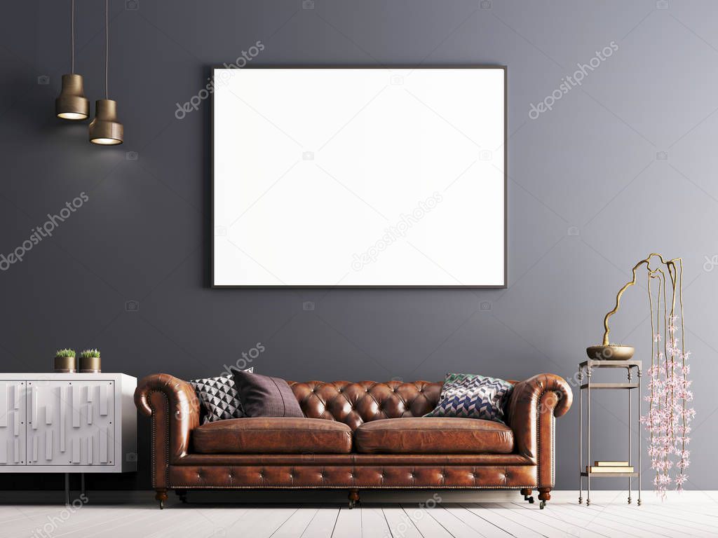 mock up poster in classical style interior with leather sofa and plant. 3d render