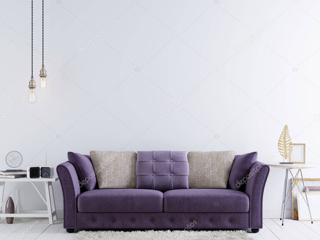 Empty wall for mock up on a white wall in modern hipster interior with violet sofa and white table. 3D rendering.