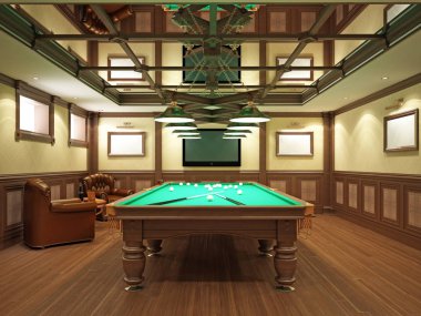 Bilardo salonu ahşap dekorasyonu ile klasik tarzı. 3D render.