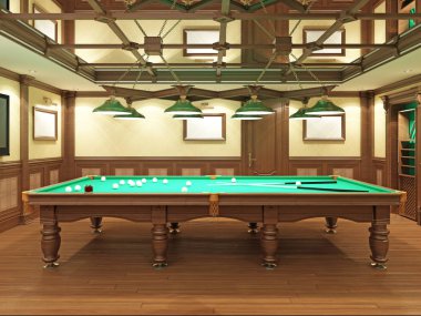 Bilardo salonu ahşap dekorasyonu ile klasik tarzı. 3D render.